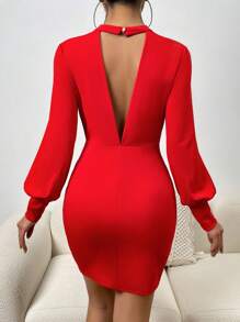 Chiquease Cut Out Backless Lantern Sleeve Bodycon Dress - Red - View 7