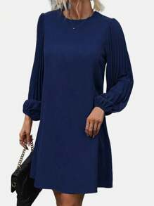 EMERY ROSE Solid Pleated Lantern Sleeve Tunic Dress - Navy Blue - View 1