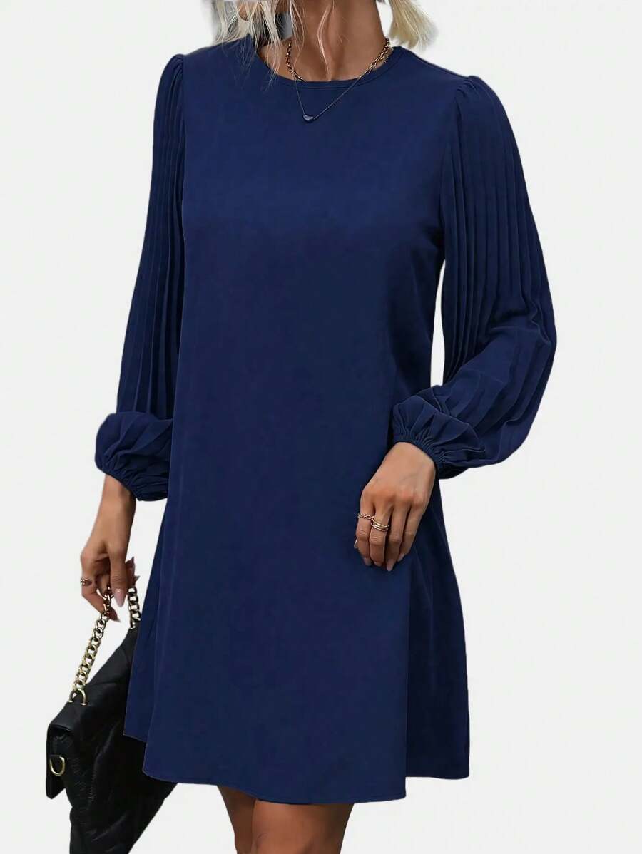EMERY ROSE Solid Pleated Lantern Sleeve Tunic Dress - Navy Blue - View 1