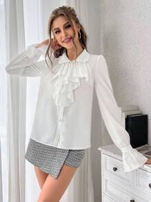 SHEIN Privé Ruffle Trim Flounce Sleeve Shirt - Beige - View 6
