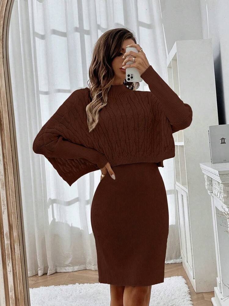 Cable Knit Batwing Sleeve Sweater & Knit Dress