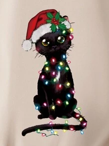 SHEIN EZwear 圣诞猫图案保暖内衬套头卫衣 秋季卫衣 - 杏色 - 查看 5