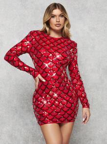 SHEIN BAE Christmas Sequin Decor Bodycon Dress - Red - View 2
