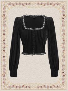 SHEIN DECDS Guipure Lace Trim Lantern Sleeve Ruffle Trim Velvet Blouse - Black - View 1