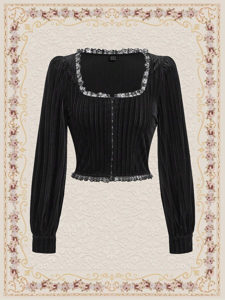 SHEIN DECDS Guipure Lace Trim Lantern Sleeve Ruffle Trim Velvet Blouse - Black - View 1