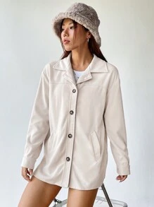 SHEIN EZwear Abrigo de hombros caídos con botón delantero - Beis - Ver 5