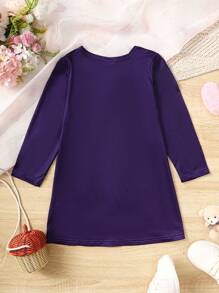 SHEIN 女小童熊和標語圖案拼接側邊接縫洋裝 - 寶藍色 - 查看 2