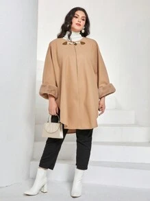 Mulvari 大碼毛茸茸袖口蝙蝠袖粗呢大衣 - 卡其色 - 查看 5