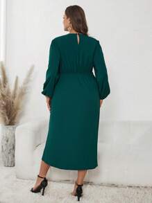 SHEIN Clasi 大碼燈籠袖前收褶洋裝 - 綠色 - 查看 2