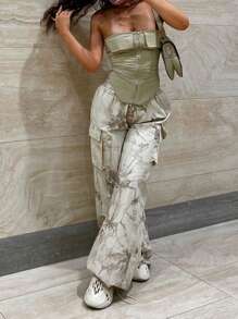 Solid Bandana Tube Top & Flap Pocket Cargo Pants - 綠色 - 查看 4