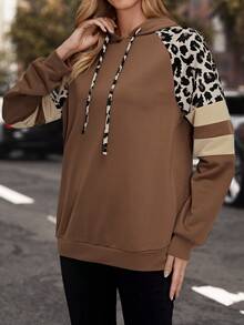 EMERY ROSE 豹紋印花插肩袖抽繩連帽衫 - 咖啡棕 - 查看 6