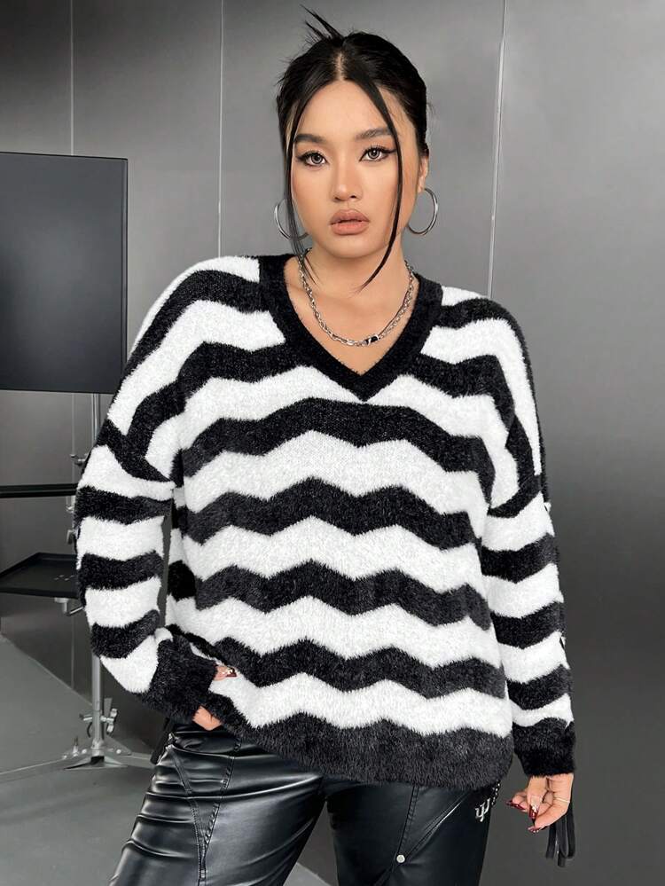 Plus Chevron Pattern Lace Up Sleeve Drop Shoulder Sweater