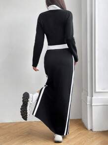 SHEIN Unity Letter Pattern Colorblock Zipper Up Sweater & Split Thigh Knit Skirt - Black and White - View 2