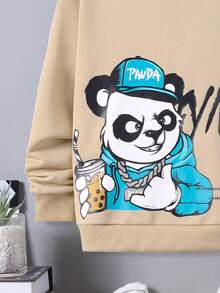 SHEIN 男大童標語&熊貓印花套頭衫 - 卡其色 - 查看 4