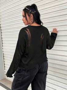 SHEIN EZwear Plus Letter Pattern Drop Shoulder Distressed Sweater - Black - View 2