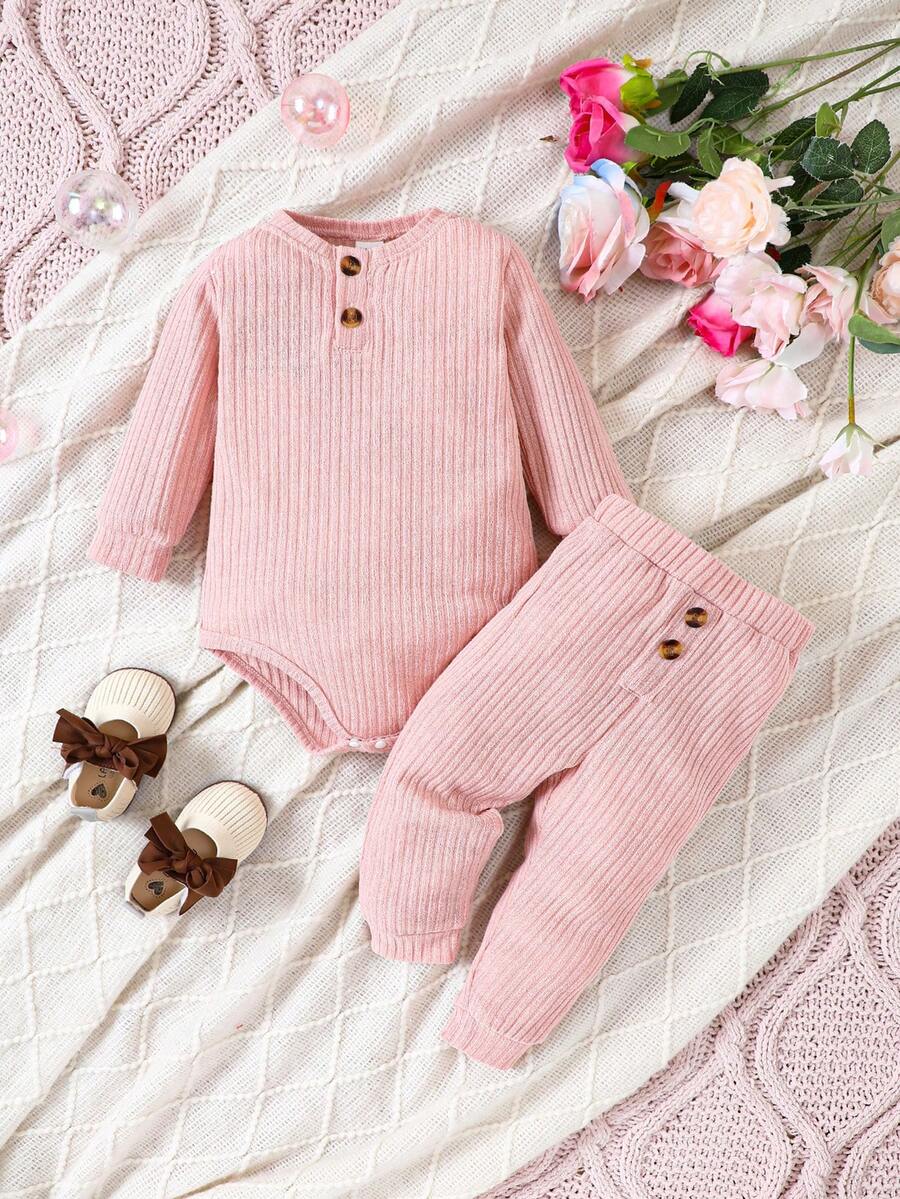 Đứa bé gái Chi tiết Nút Áo liền quần chặt & Quần - Hồng - Xem 1