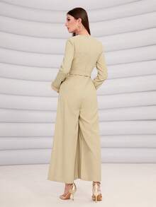 Modelyn Fuzzy Cuff Belted Wide Leg Jumpsuit - Apricot - View 2