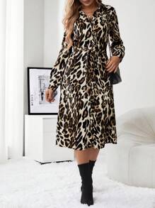 SHEIN 孕婦豹紋印花繫腰帶洋裝 - 黑色 - 查看 3