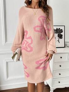 SHEIN LUNE Mô hình hoa tay cánh Đầm Áo len Không có thắt lưng - Hồng - Xem 6