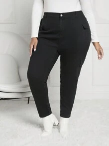 SHEIN CURVE+ Hơn Túi nắp bên cạnh Quần jean chở hàng - màu đen - Xem 3