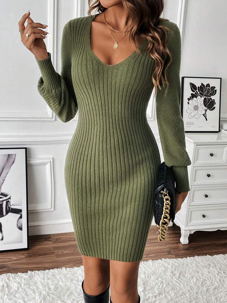 Solid Ribbed Knit Bodycon Sweater Dress Fall Cloth For Women