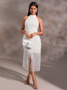 SHEIN BAE 流蘇下擺毛茸茸掛脖洋裝 - 白色 - 查看 5