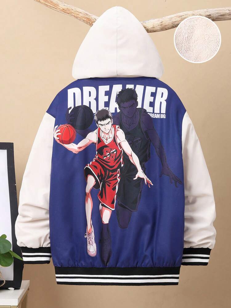 Tween Boy Letter & Figure Graphic Two Tone Striped Trim Hooded Jacket