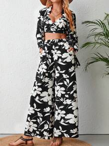 SHEIN VCAY In hoa Crop Cami & Áo sơ mi & Quần ống rộng - Đen và trắng - Xem 1