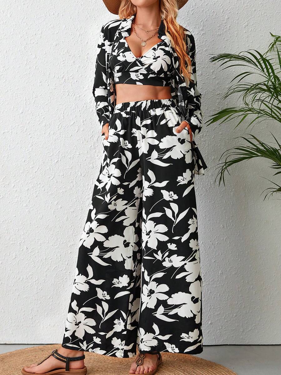 SHEIN VCAY In hoa Crop Cami & Áo sơ mi & Quần ống rộng - Đen và trắng - Xem 1