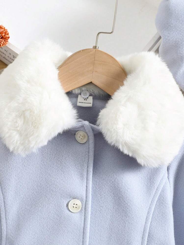 SHEIN Chica Joven Abrigo cuello de borreguito con botón - Azul - Ver 3