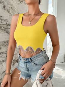 SHEIN Privé 水鑽流蘇下擺短款背心 - 芥末黃 - 查看 6