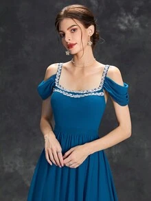 Vestido Largo De Gasa Con Cinta Decorativa De Lentejuelas De Doble Lado En El Escote Y Brazos Con Mangas Con Plisado Y Cinturilla De A-line - Agua verde azul - Ver 4