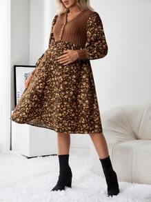 SHEIN Maternity Ditsy Floral Print Lantern Sleeve Dress - Brown - View 4