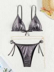 SHEIN Swim Metallic Triangle Tie Side Bikini Set - Silver - View 1