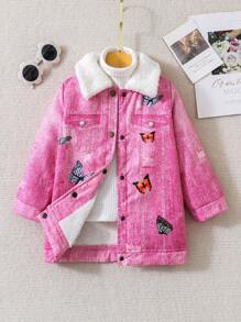 Cô Gái Trẻ In bướm Cổ áo Borg Lót nhiệt Denim Hiệu ứng In Áo khoác Không có áo len - Màu Hồng Tươi - Xem 1