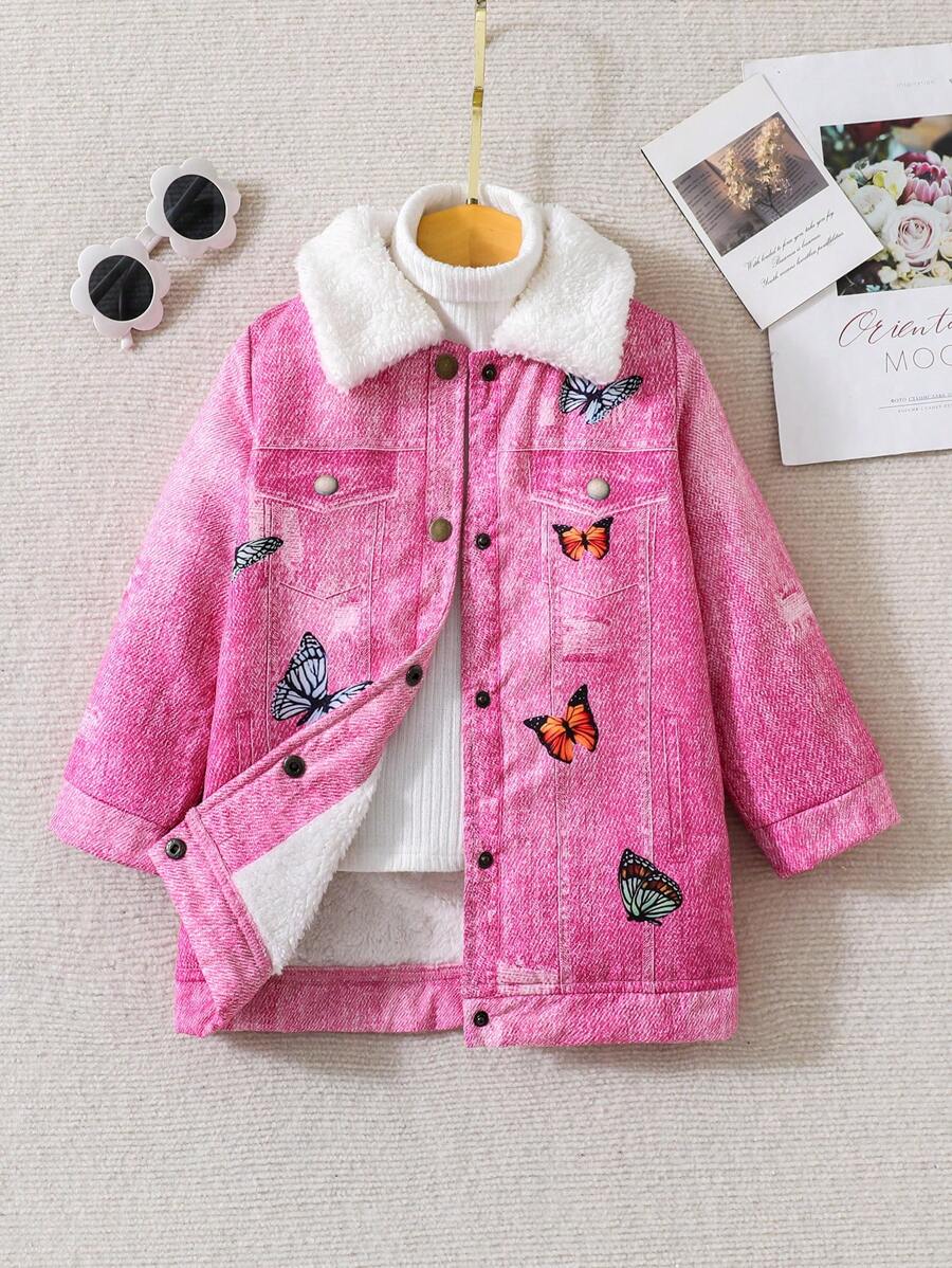 Cô Gái Trẻ In bướm Cổ áo Borg Lót nhiệt Denim Hiệu ứng In Áo khoác Không có áo len - Màu Hồng Tươi - Xem 1