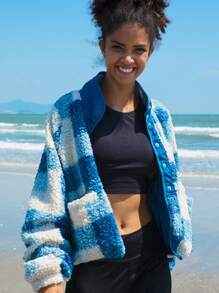 In My Nature 格紋印花插肩袖戶外搖粒絨夾克 - 藍色 - 查看 5