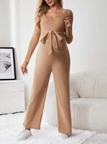SHEIN Maternity Ribbed Knit Belted Jumpsuit - Khaki - View 3