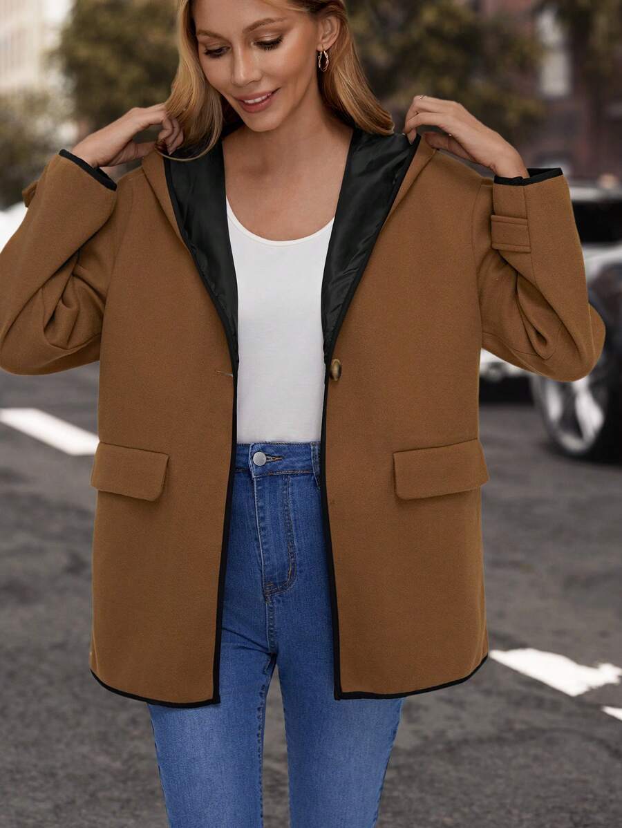 EMERY ROSE Tương phản ràng buộc Thả vai áo có mũ Áo khoác - Cà phê nâu - Xem 1