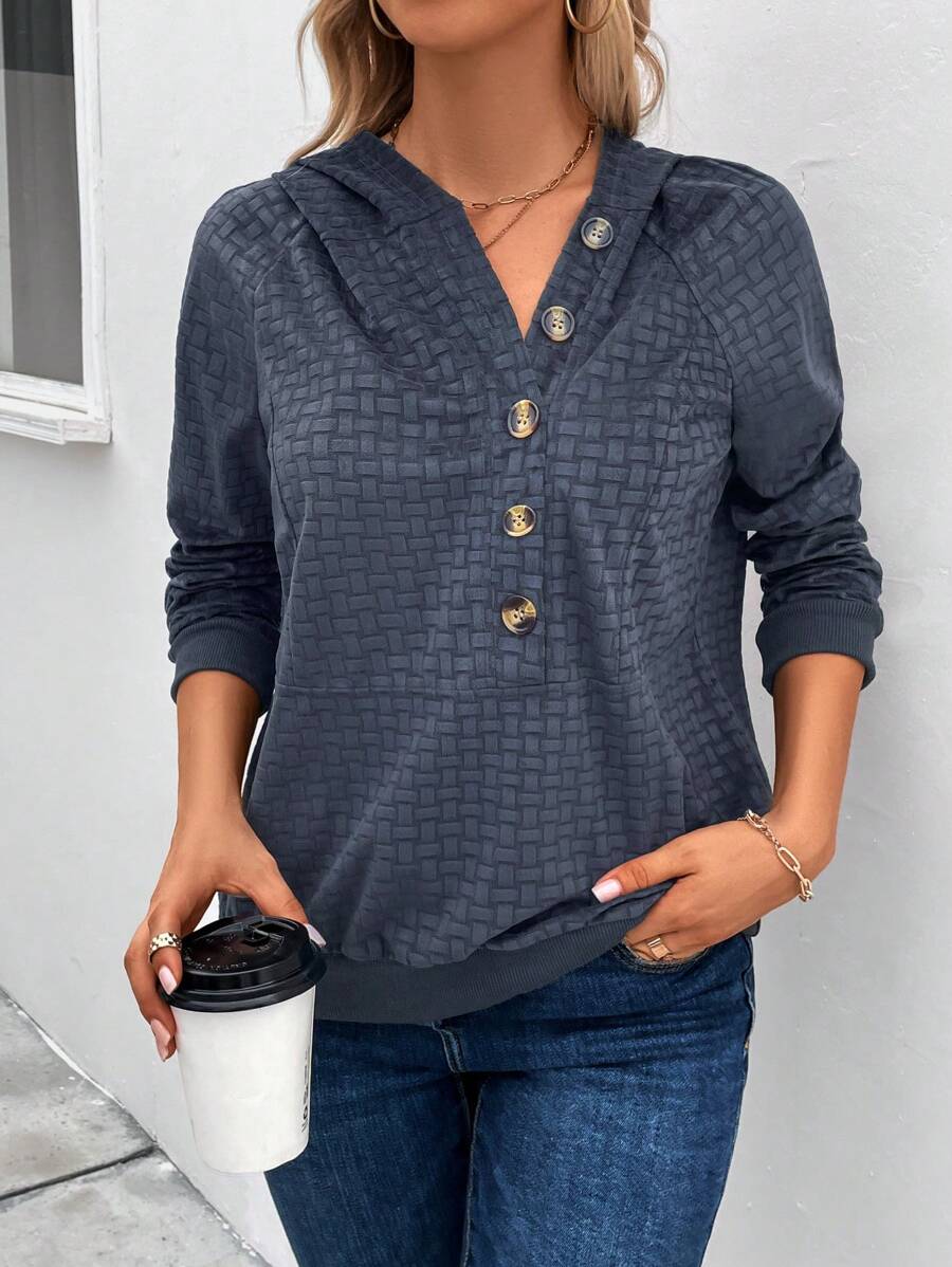 SHEIN LUNE Half Button Raglan Sleeve Hoodie - Black - View 1