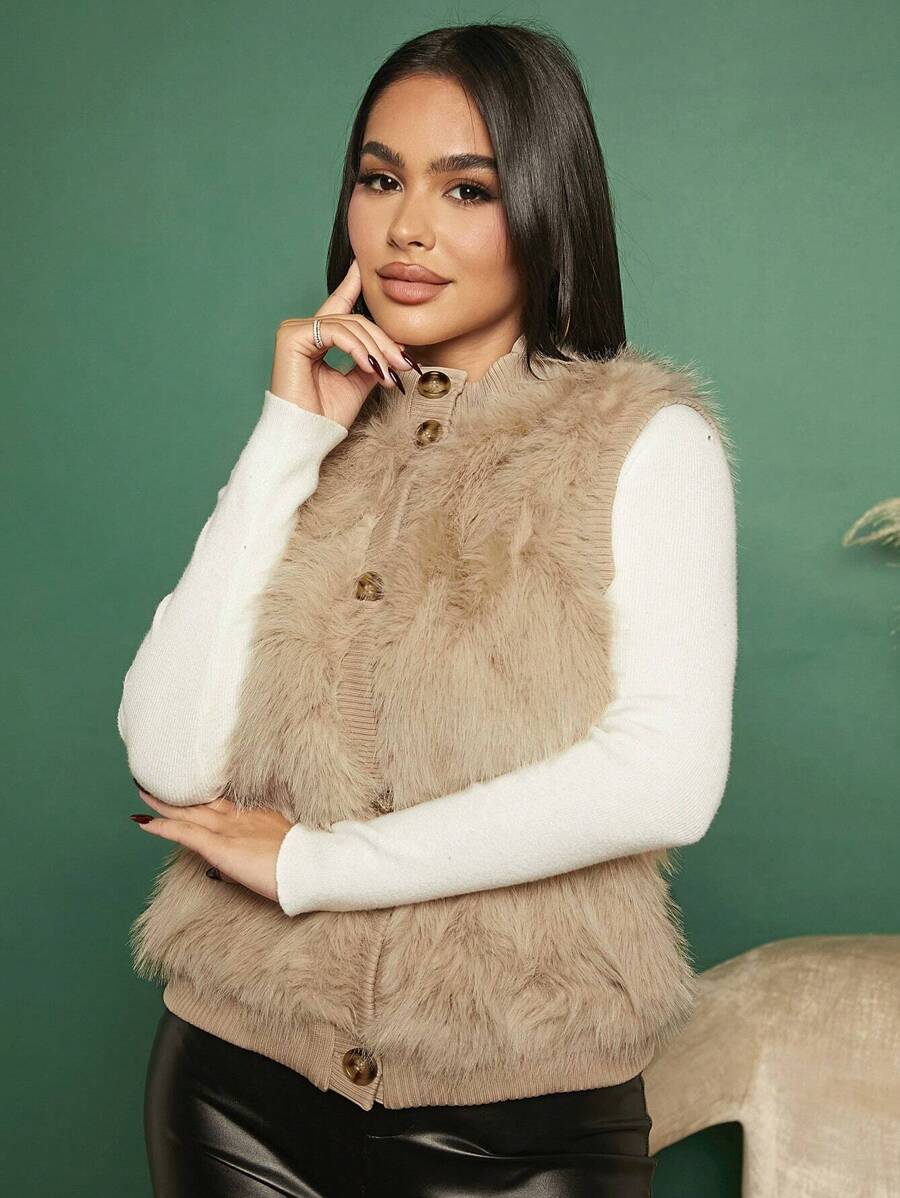 SHEIN SXY معاطف فراء صناعي نسائية الزر بازرارأمامية الصاف - كاكي - مشاهدة 1