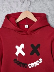 SHEIN 男大童表情圖案袋鼠口袋連帽衫&腰部抽繩衛褲 - 酒紅色 - 查看 4