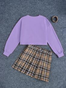 SHEIN Cô gái Tween In Gấu Thả vai Áo chui đầu & Kẻ sọc Váy - Màu tím hoa cà - Xem 2