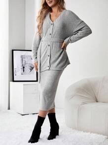 SHEIN Maternity Drop Shoulder Button Front Top & Adjustable Waist Skirt - Grey - View 3