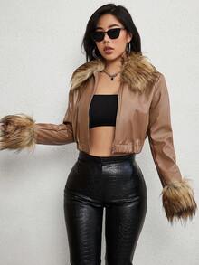 SHEIN SXY Fuzzy Trim Crop PU Leather Jacket - Brown - View 3