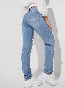 SHEIN EZwear Ripped Cut Out Straight Leg Jeans - Blue - View 3