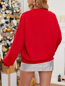 SHEIN Essnce 聖誕圖案落肩袖運動衫 - 紅色 - 查看 2