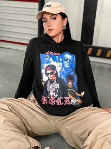 SHEIN Coolane Plus Size Figure & Letter Graphic Drop Shoulder Sweatshirt - Black - View 5