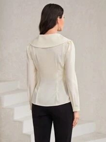 Seusyu Lapel Neck Button Front Peplum Blouse - Apricot - View 2