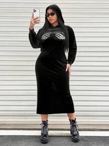 SHEIN ICON 大碼水鑽骷髏手掌圖案絲絨背心洋裝帶超短款連帽衫 - 黑色 - 查看 1